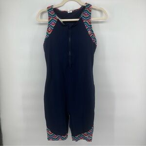 Dolfin Navy Women’s Chest Zip Bodysuit Swimsuit Vibrant Patterns Size‎ 14